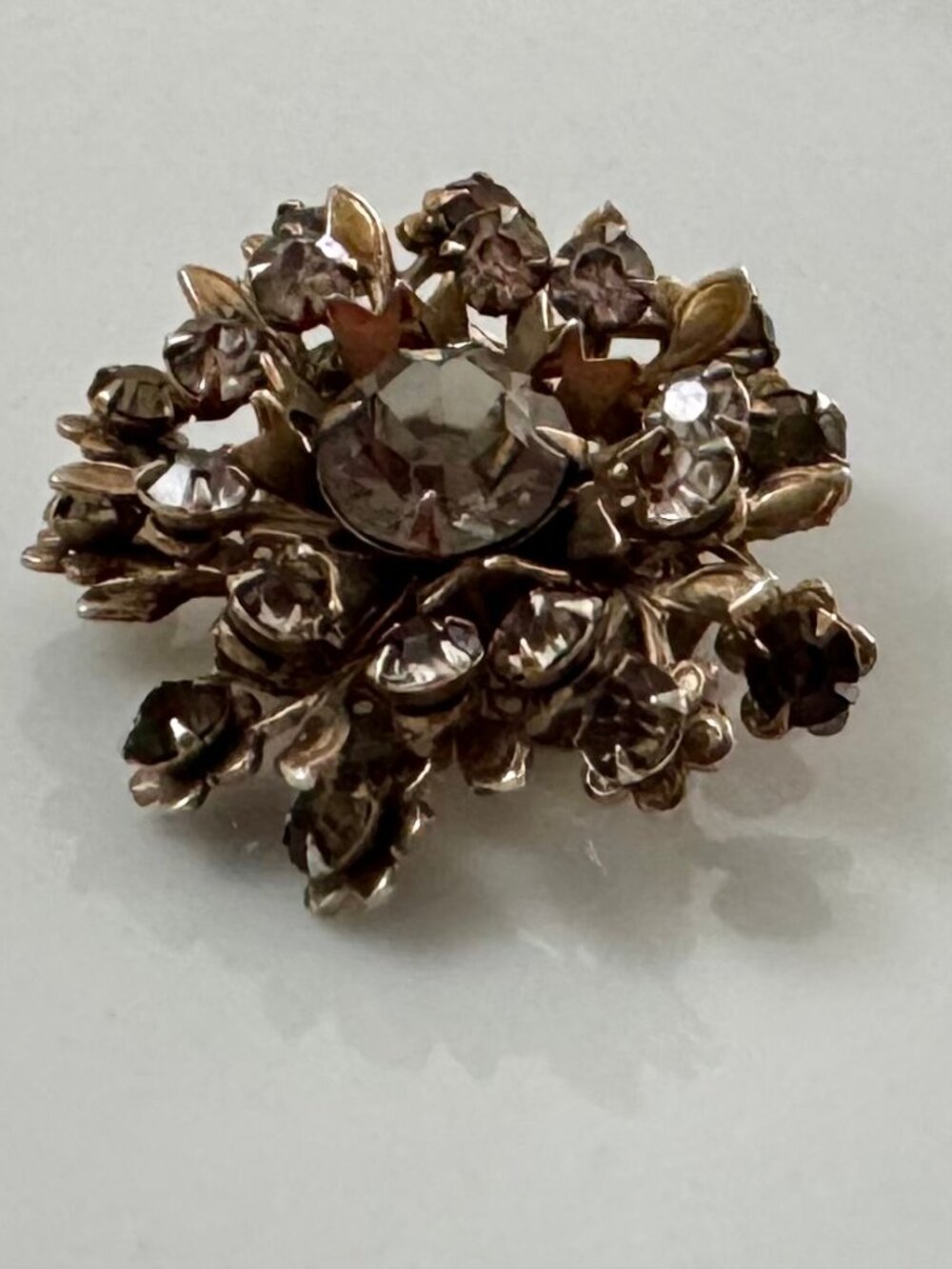 Vintage Rhinestone Floral Brooch Gold Tone Filigree Dimensional Flower Pin